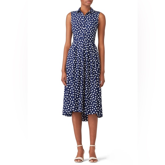 Kate Spade Cloud Dot Midi Dress Womens Size 14 Navy Sleeveless Shirred Back - Picture 1 of 14